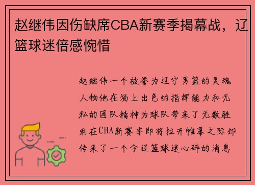 赵继伟因伤缺席CBA新赛季揭幕战，辽篮球迷倍感惋惜